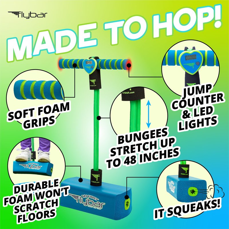 Flybar My First Foam Pogo Jumper for Kids Fun and Safe Pogo Stick for Toddlers, Durable Foam and Bungee Jumper for Ages 3 and up, Supports up to 250lbs (Blue LED)