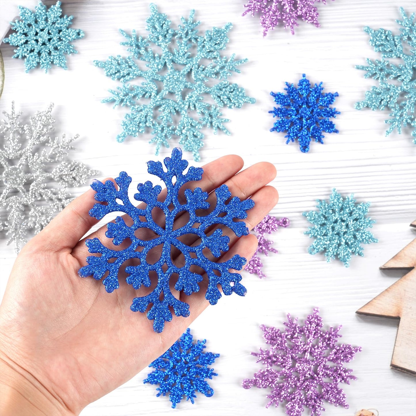 36pcs Light Purple Blue Silver Christmas Snowflake Ornaments, Plastic Glitter Hanging Snow Flakes for Christmas Tree Decorations Winter Wonderland Frozen Birthday Party Home Decor Craft Snowflakes