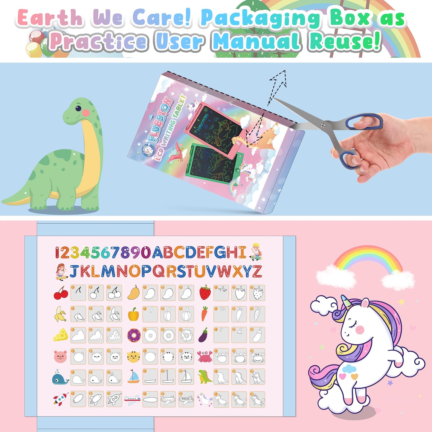 FLUESTON LCD Writing Tablet for Kids,Drawing Tablet for Boys Girls 3 4 5 6 7 8 year, 8.8 Inch 3pcs in 1 Pack Drawing Pad Toy Christmas Gifts for Toddler, Educational Doodle Board Cute Dinosaur Unicorn