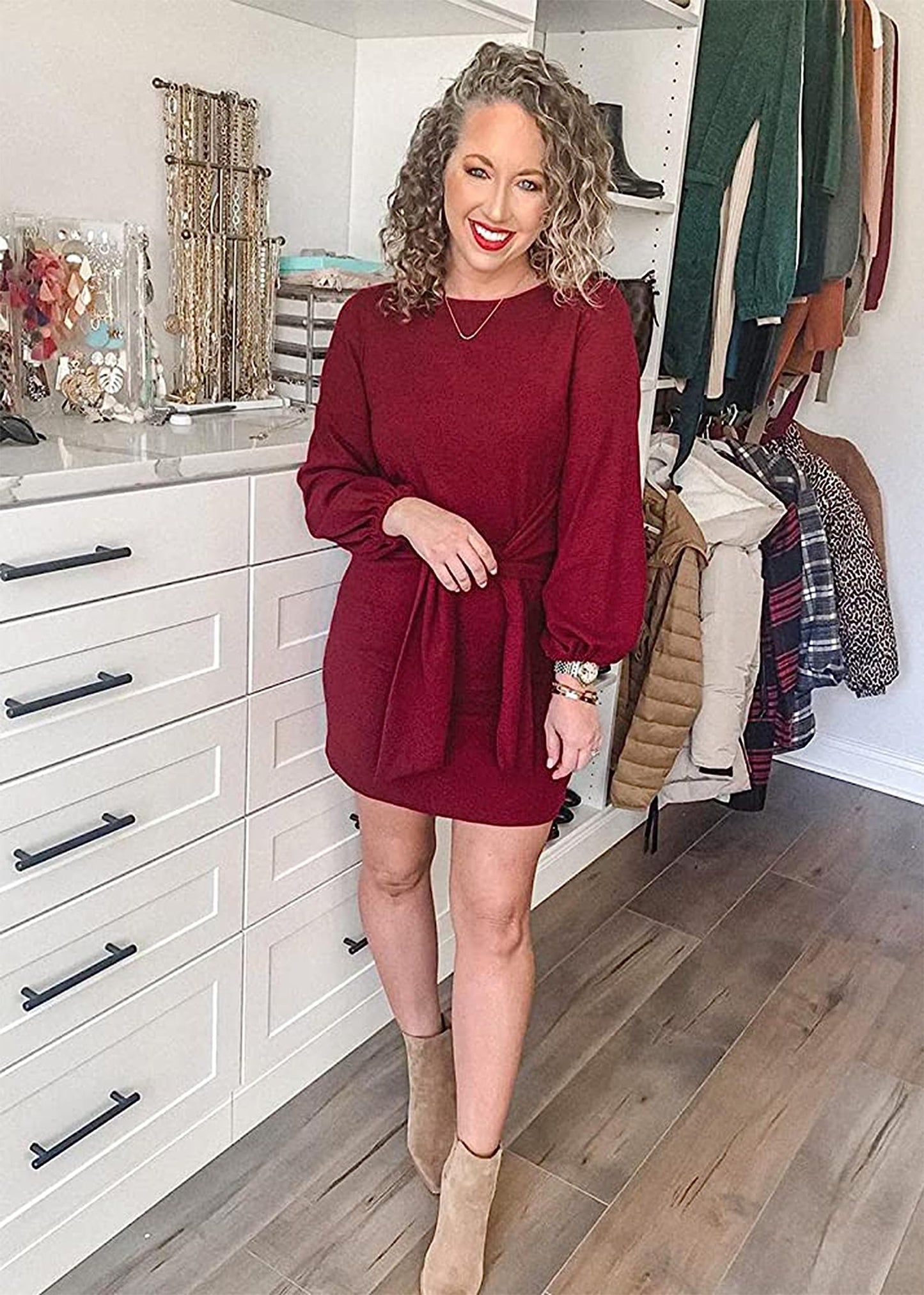 PRETTYGARDEN Womens Fall Elegant Long Lantern Sleeve Short Dress Wedding Guest Crewneck Tie Waist Knit Cocktail Dresses (Wine Red,Large)