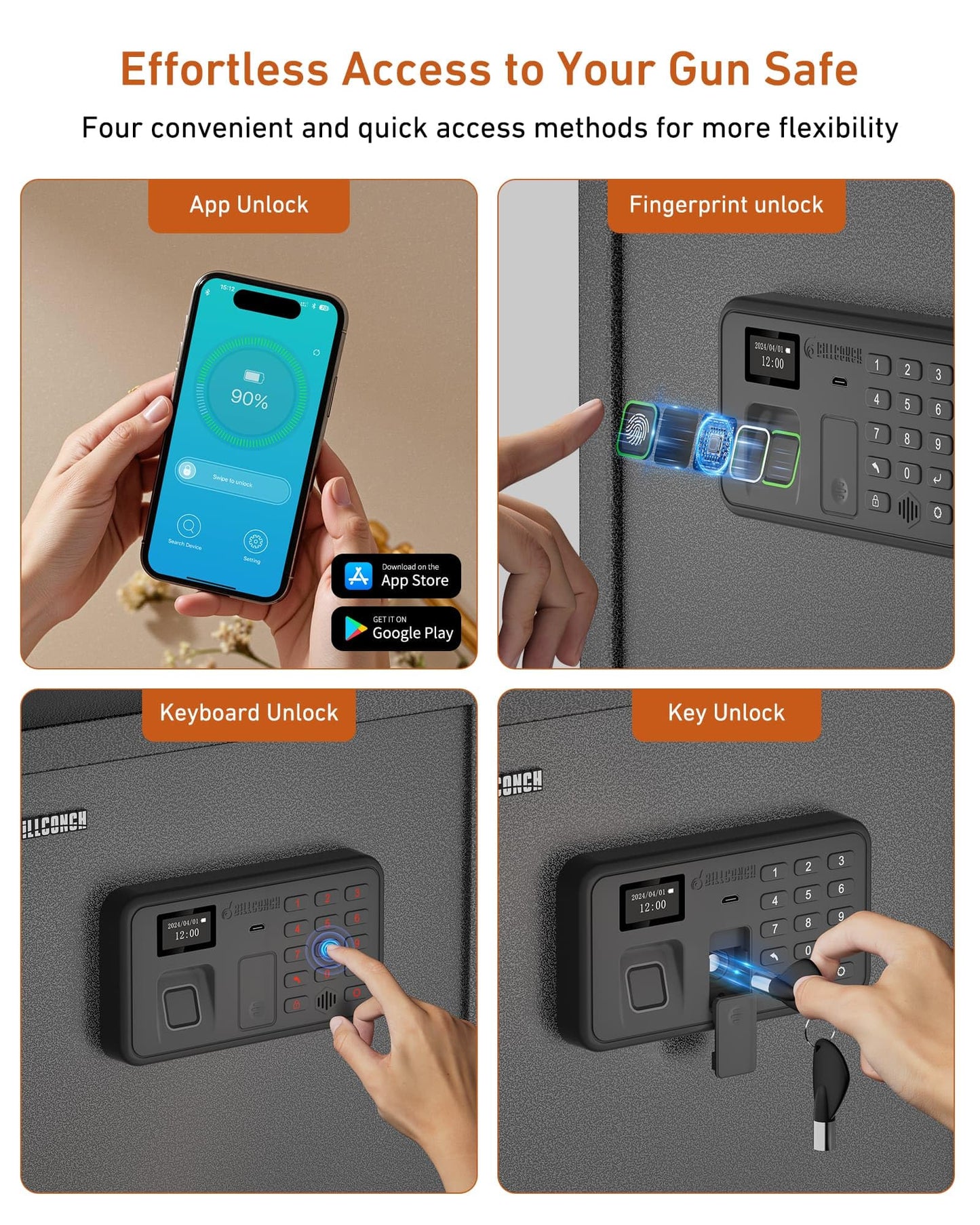 Billconch Smart Gun Safe for Multiple Pistols - Biometric Automatic Lock Safe Box with LCD Display/Voice Guide/Foldable Gun Racks, Quick Access Unlock with Fingerprint/Keypad/Key/App