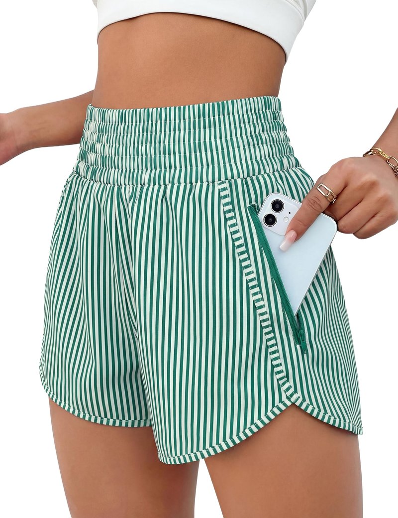 BMJL Women's Athletic Shorts High Waisted Running Short Pocket 2.5" Sporty Shorts Gym Elastic Workout Shorts(XL,Green Striped)