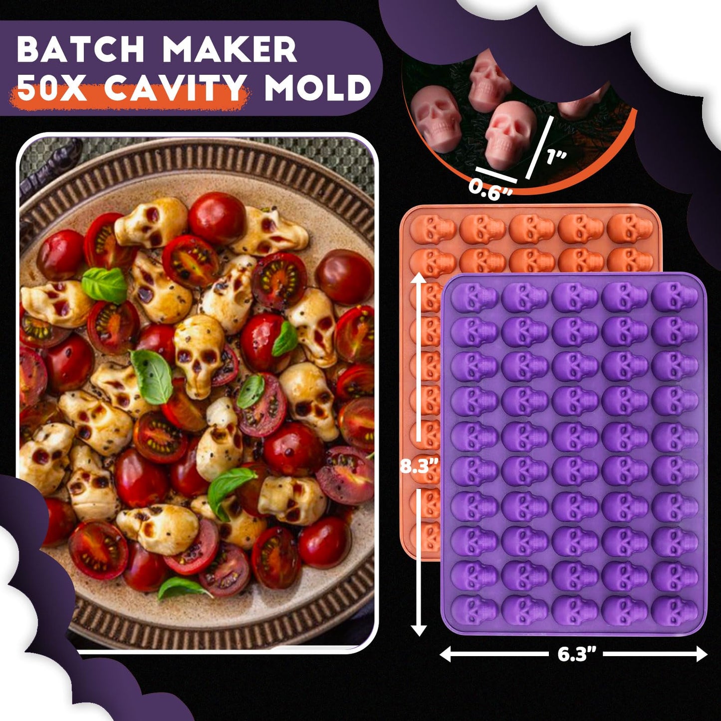Mini Skull Molds Silicone Halloween for Candy Gummy Chocolate, 100 Cavity 2 pcs Small Head Shapes Freezing Tray Party Homemade 3D Caprese salad Wax Melts DIY Moulds BPA Free Kids Oven Safe