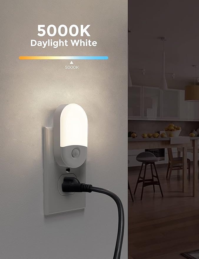 L LOHAS LED Motion Sensor Night Light Plug in, Motion Activated Night Light, 5000K Daylight White, Night Light Plug Into Wall, Adjustable Brightness, Night Light for Bathroom, Kids, Hallway, 4 Pack