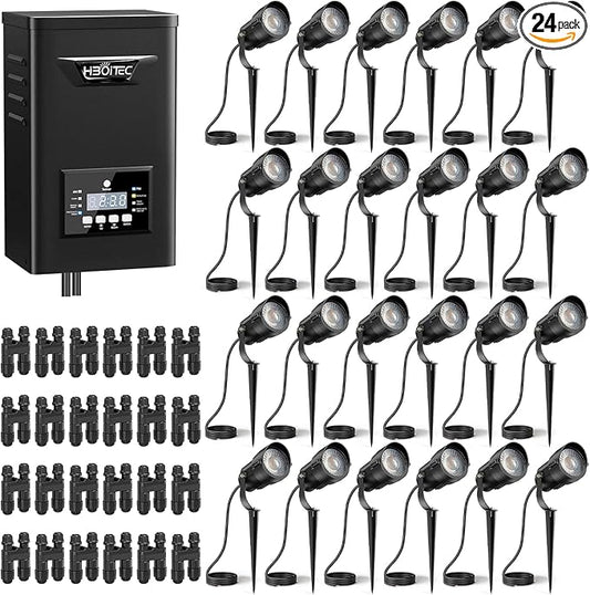 HIBOITEC 12W Low Voltage Landscape Lighting with 400W Transformer Photocell Sensor and Timer Connectors Spotlights Landscape Lights Kit IP65 Waterproof 2700K for House Yard Trees Outdoor 24 Packs