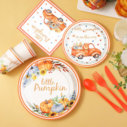 Gudvilla 168 Pcs Little Pumpkin Plates and Napkins, Fall Baby Shower Plates and Napkins Sets Serves 24, Little Pumpkin Baby Shower Decorations Boy, Orange Blue Autumn Farm Thanksgiving