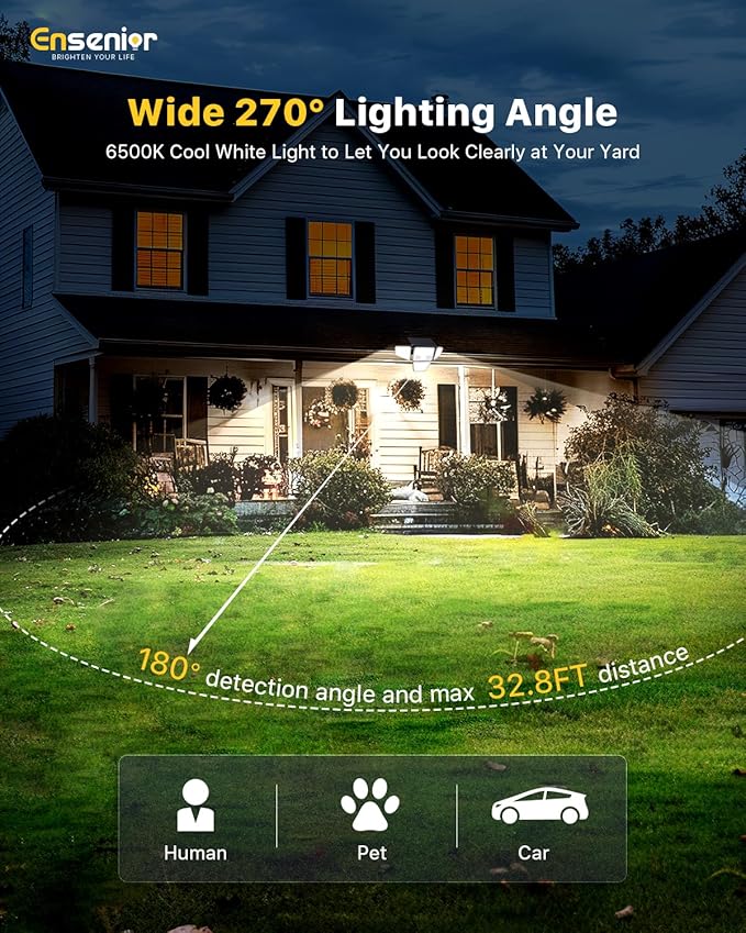 Ensenior Solar Lights Outdoor, IP65 Waterproof Motion Sensor Outdoor Light with Remote Control, 279 LED 4 Heads Solar Security Light with 4 Mode, 270° Wide Angle Solar Flood Light for Outside, 4 Packs