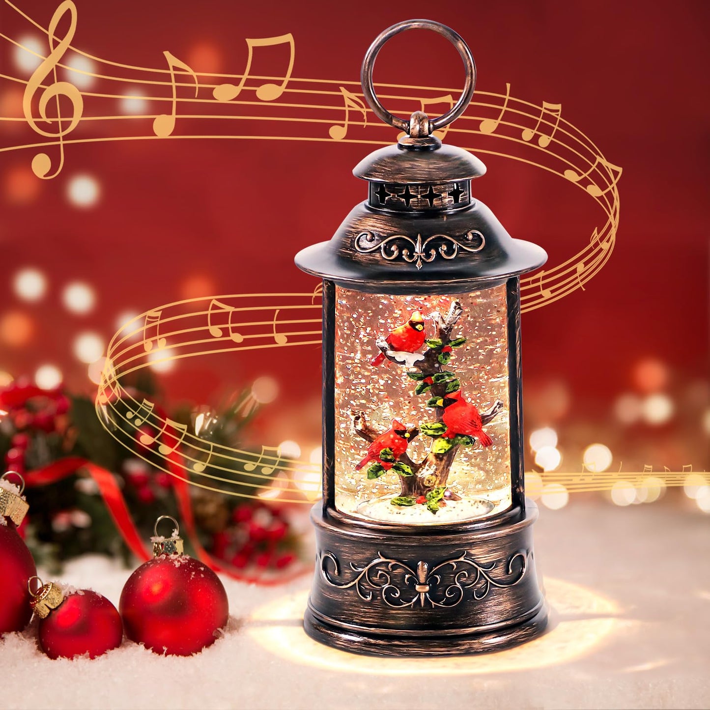 Christmas Cardinal Snow Globe Light up Lantern with 8 Songs, 10.2" Christmas Snow Globes for Kids Adults, 6H Timer & Dual Power, Snowglobes Christmas Decorations Indoor for Home, Gifts for Women Men
