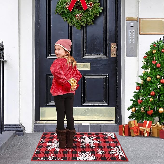 CAROMIO Christmas Doormat 20 x 32 Inch Holiday Xmas Buffalo Plaid Door Mat Winter Christmas Snowflakes Checkered Welcome Mat Outdoor Indoor Non Slip Decorative Entrance Floor Mat for Front Porch