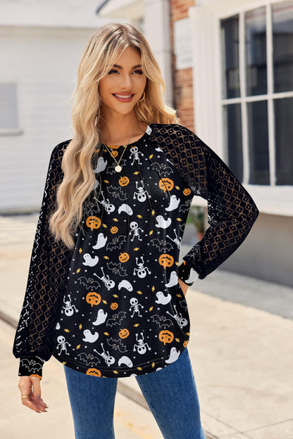HOTOUCH Halloween Womens Tops Lace Long Sleeve Shirts Dressy Casual Fall Fashion Outfits Pleated Knitted Blouses