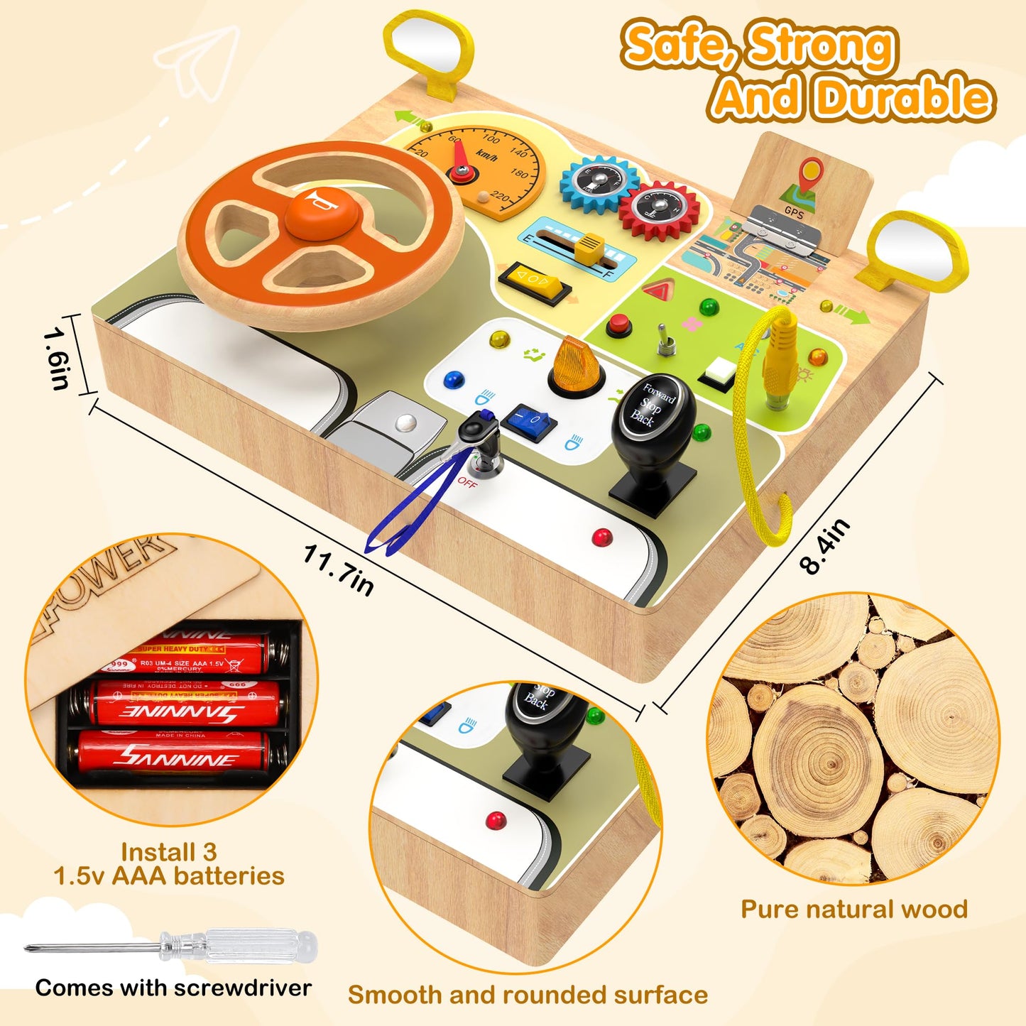 JGOBUB Montessori Toddler Toys - Baby Wooden Busy Board - Sensory Toys with Light Switch - Travel Toys for Educational Toddler Activities for Toddlers 1 2 3 4+ Year Old