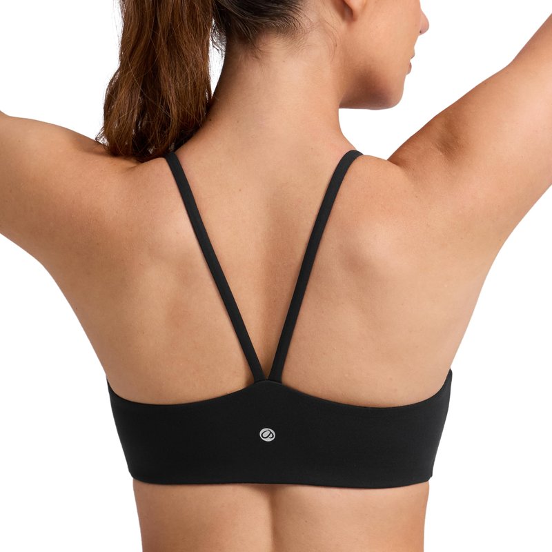 CRZ YOGA Butterlift Double Lined V Back Sports Bras for Women - Scoop Neck Spaghetti Strap Wireless Yoga Top Non Padded Black Small