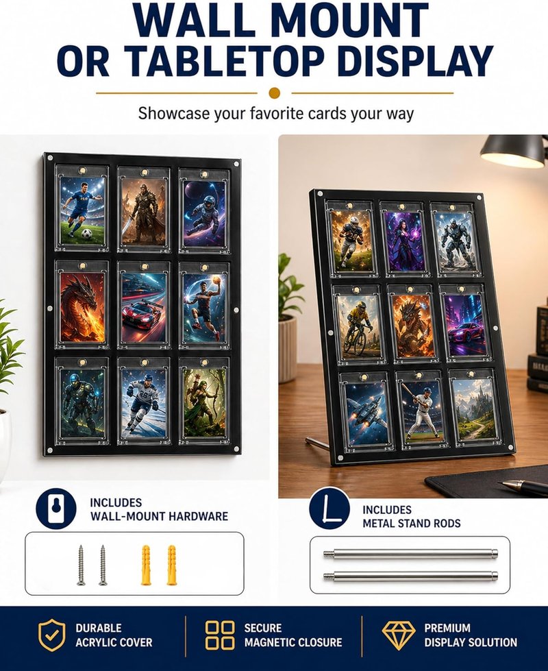 Acrylic Trading Card Display Frame - Wall Mount & Stand for 9 Cards | UV Protection for Sports & Gaming Collectibles
