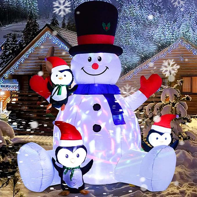 7ft Inflatable Christmas Snowman with Penguins, Rotating 7 Color Changing Led Lights and 3LED Lights Xmas Holiday Blow Up Family Party Decoration Yard Lawn Indoor Outdoor Inflatables