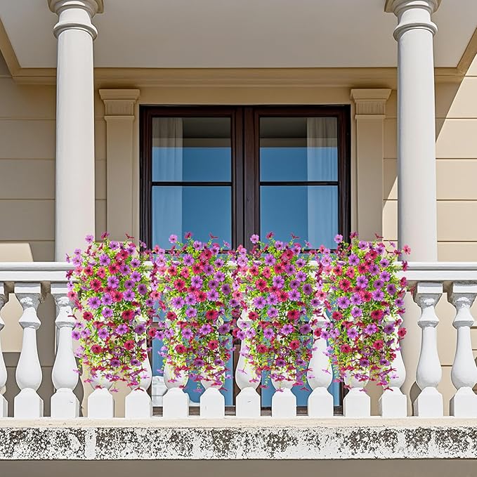 Artificial Faux Hanging Flowers Plants for Outdoor Spring Summer Decoration, 2PCS Fake Daisy Silk Plant Outside No Fade UV Resistant Realistic Home Decor for Porch Patio Window Box (Mix Purple)