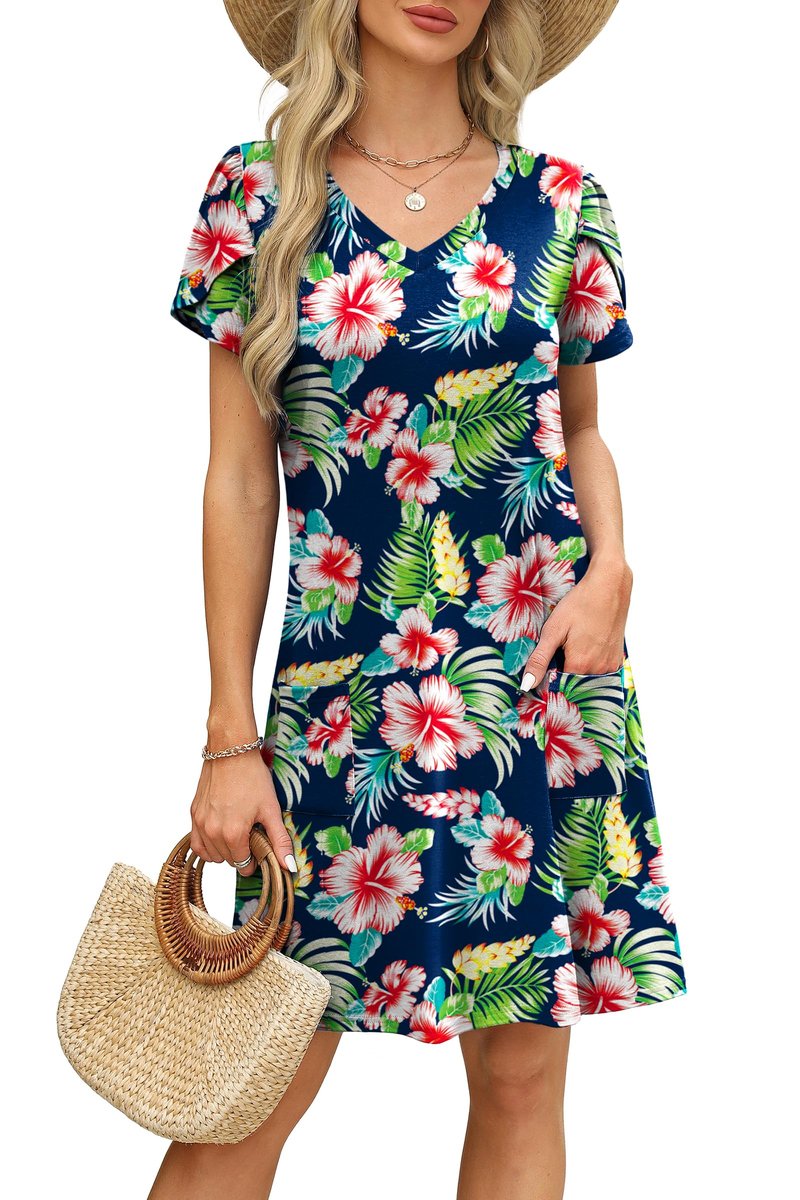 OFEEFAN Hawaiian Dresses for Women Summer Tropical Floral Dress Tshirt Dress Sundresses Beach Vacation Clothes Resort Wear Outfits Print 01 L