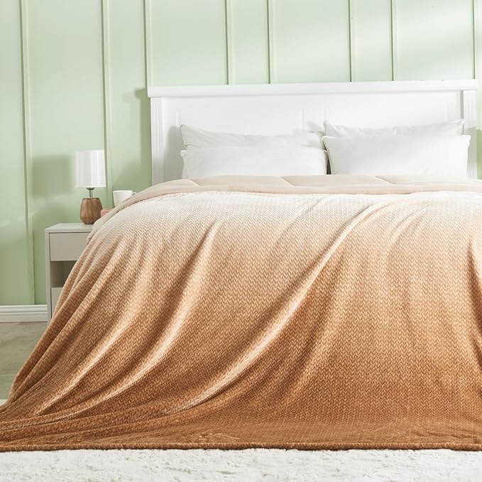 NEWCOSPLAY Super Soft Throw Blanket Ombre Brown Premium Silky Flannel Fleece Leaves Pattern Lightweight Bed Blanket All Season Use (Ombre Brown, Throw(40"x50"))