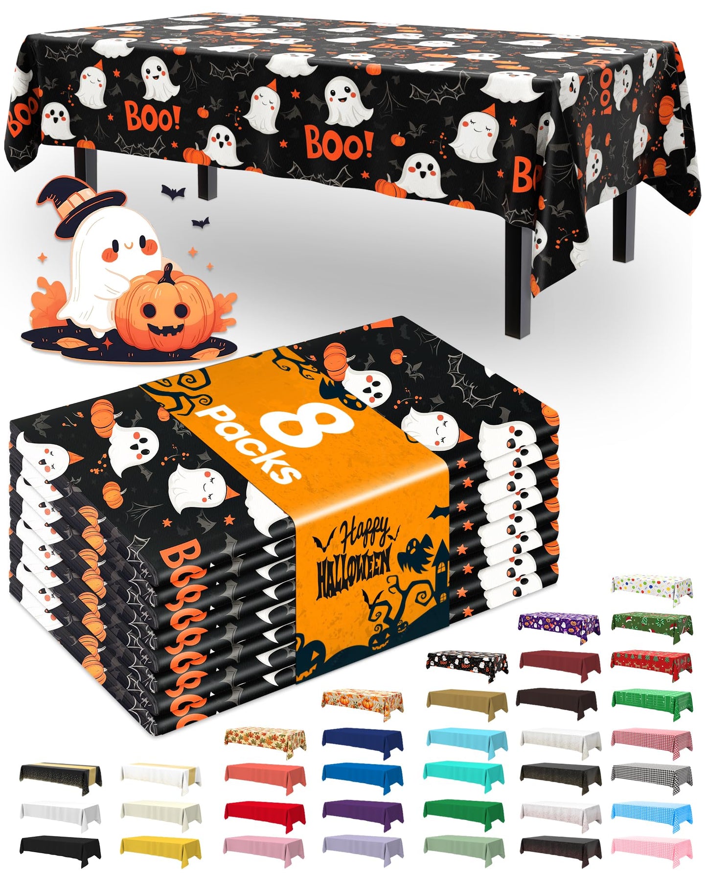 Pureegg Plastic Table Cloth Disposable 8 Pack, 54 x 108 Inch Table Cloths, Vampire Party Decorations, Halloween Tablecloths, Rectangle, Plastic Cover, Leakproof & Sturdy, Halloween Black