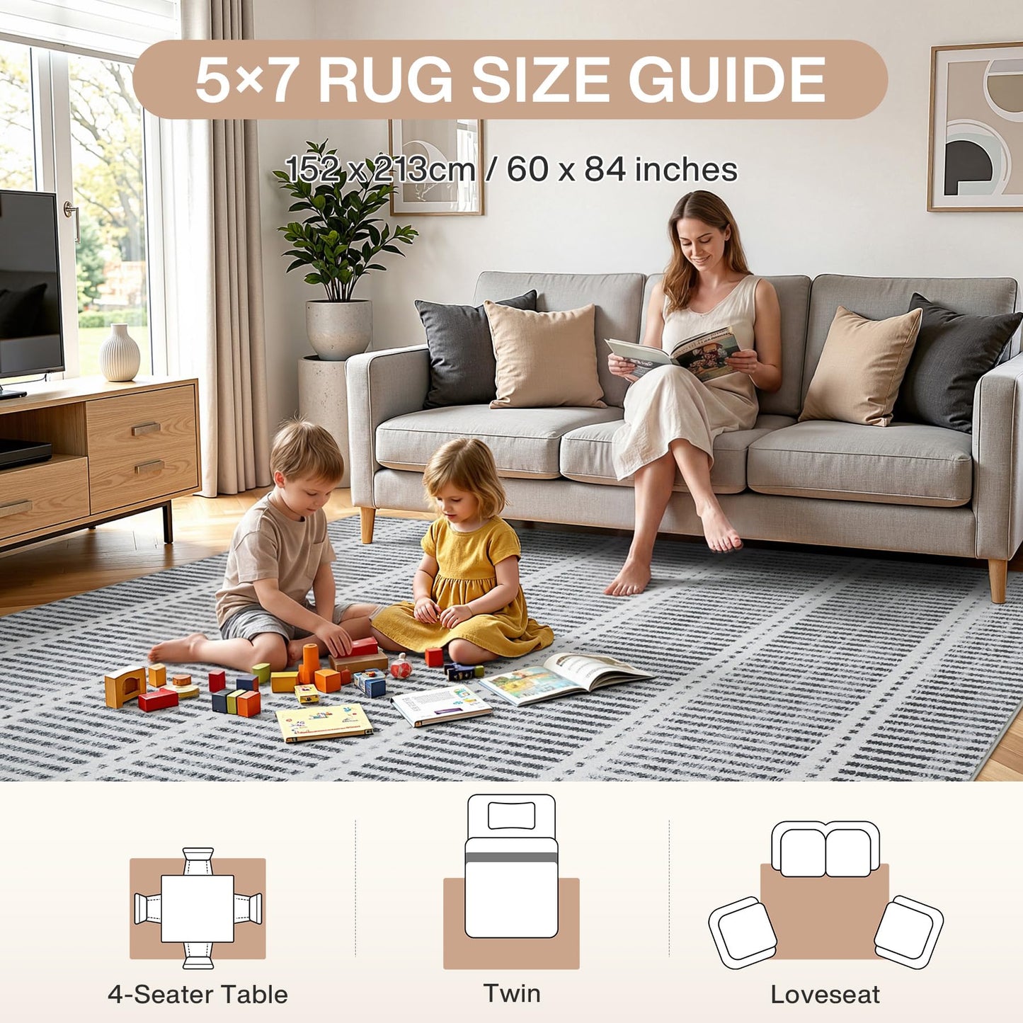 Tribesigns Ultra Thin 5x7 Washable Area Rugs for Living Room, Modern Non-Slip Rugs for Bedroom Dining Room, Grey Striped Farmhouse Large Indoor Carpet for Playroom Entryway