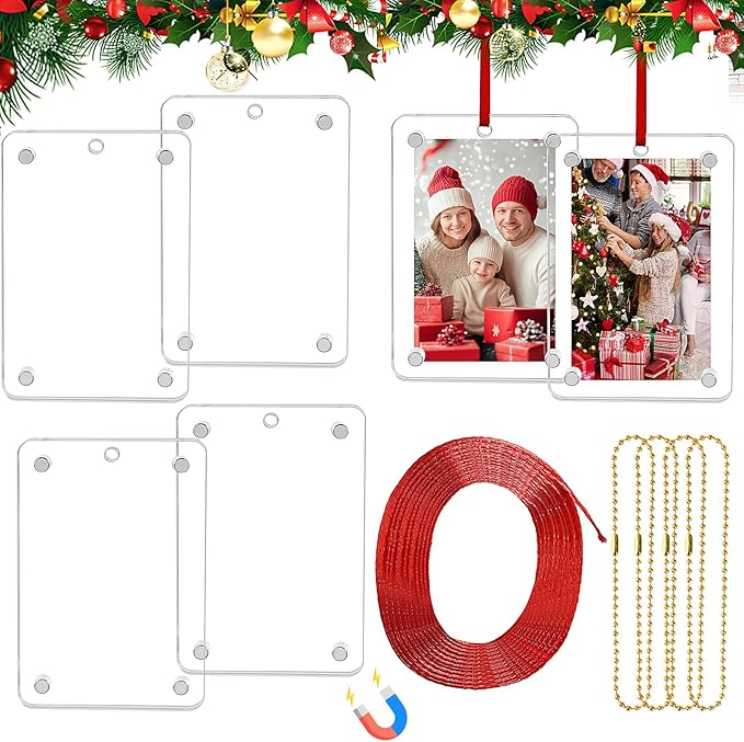 Christmas Photo Ornament Set of 4, 2x3 Inch Clear Acrylic Hanging Picture Frame for Family Photo, Christmas Tree, Holiday Decoration, Multifunctional Magnetic Picture Frames for Car and Fridge Decor