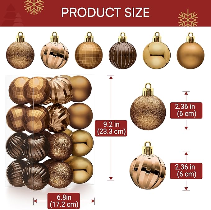 JOIEDOMI 24 Pcs Brown Christmas Balls Ornaments Set, 2.36" Christmas Tree Ornaments Shatterproof, Xmas Balls Hanging Decorations for Tree Wreath Garland Holiday Wedding Indoor Party Decor