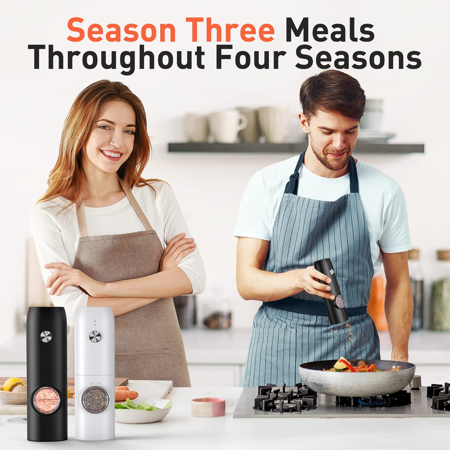 Electric Salt and Pepper Grinder Set, Rechargeable Automatic Pepper Mill Grinder with LED Light, Adjustable Coarseness shakers, One-Hand Operation for Kitchen(2 Pack,Black+White)