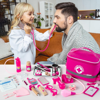EFO SHM Doctor Kit for Kids Girls, 34 Pcs Kids Doctor Kit for Toddlers 3-5 with Medical Storage Bag & Real Stethoscope, Pretend Play Set for Boys Girls Fun Role Playing Game