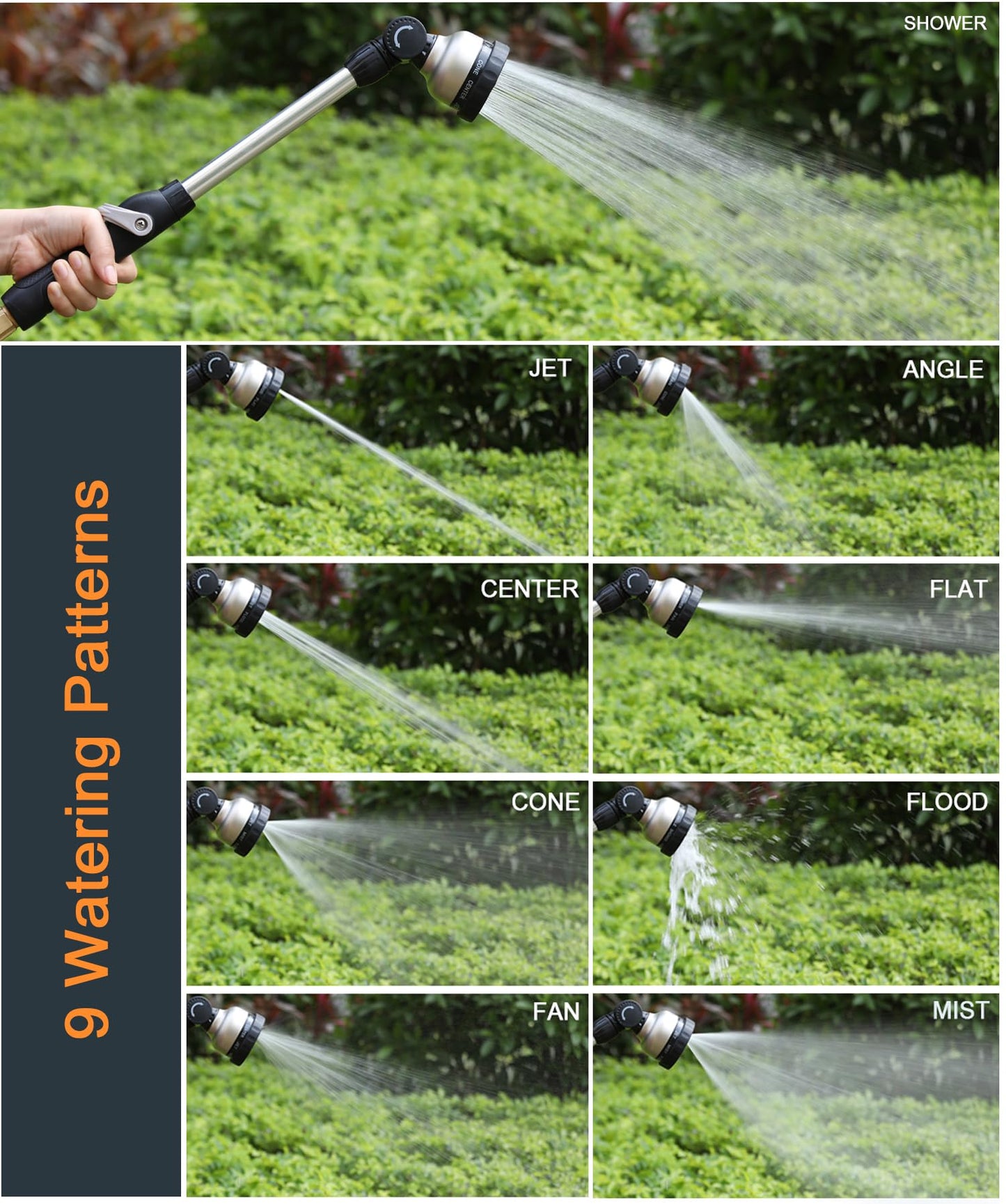 ESOW Garden Hose Watering Wand, 16 Inches Sprayer Wand, 9 Watering Patterns 180° Adjustable Swivel Head, Ergonomic Handle with One Touch Valve Perfect for Watering Plants, Car Wash and Showering Dog