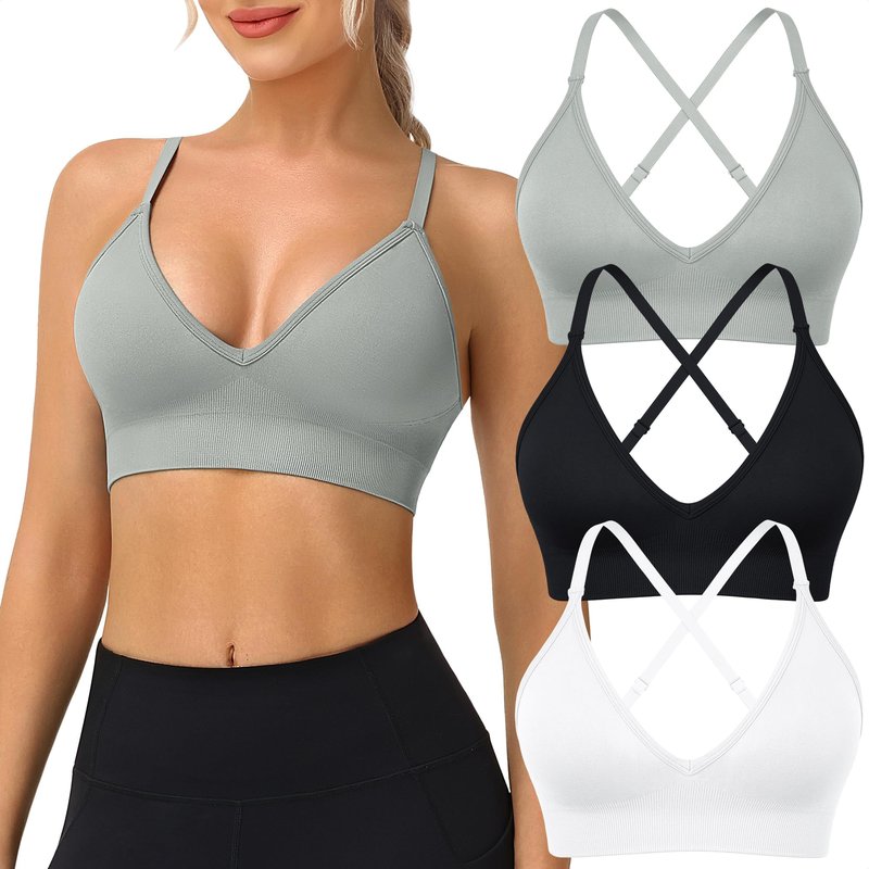 WANAYOU Sport Bras for Women, Low Cut Adjustable Spaghetti Strap Cross Back Womens Sports Bras with Padding Low Support Wireless Seamless Sexy Bralette for Workout 3 Pack Black White Grey Medium