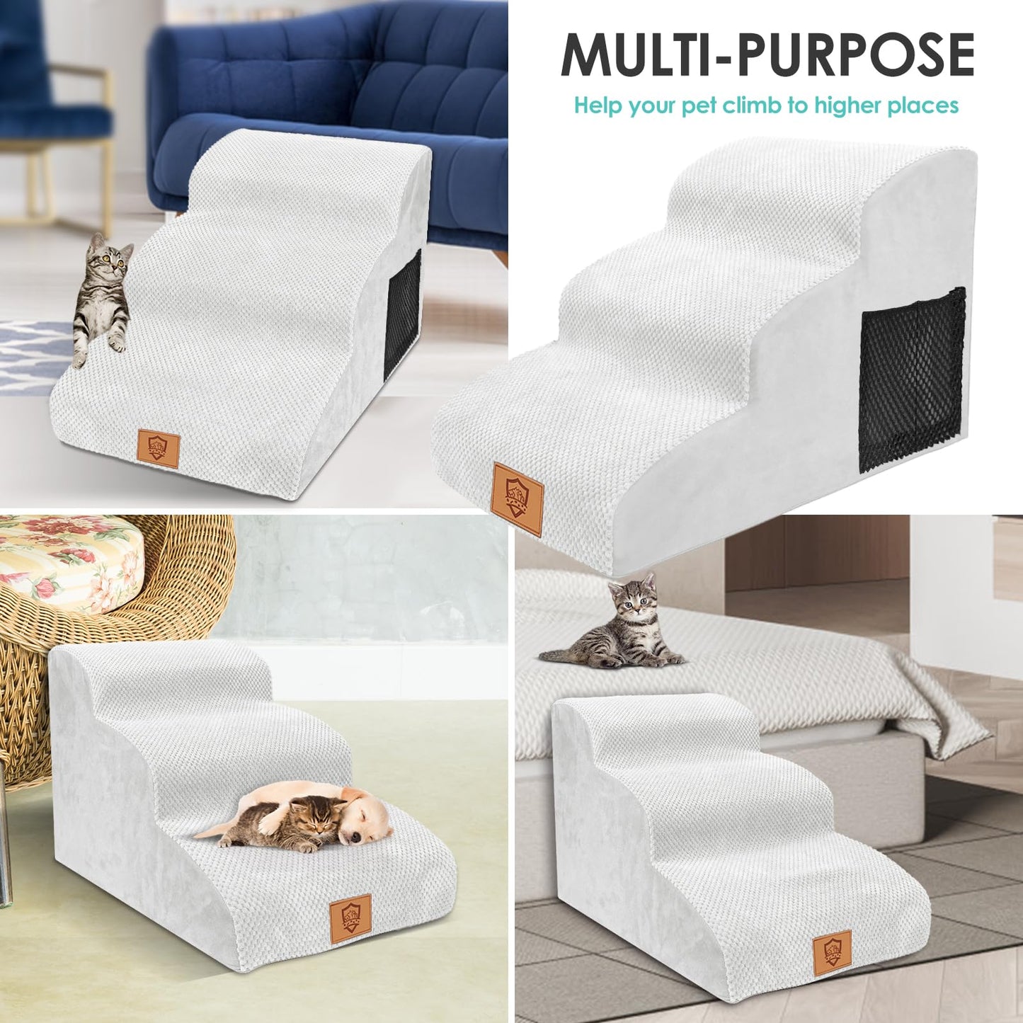 Myiosus Dog Stairs, 3-Step Non-Slip Pet Steps for Sofa and Bed, High Density Foam Dog Ramp with Removable Washable Cover for Small Dogs/Cats, 60x40x40cm, White
