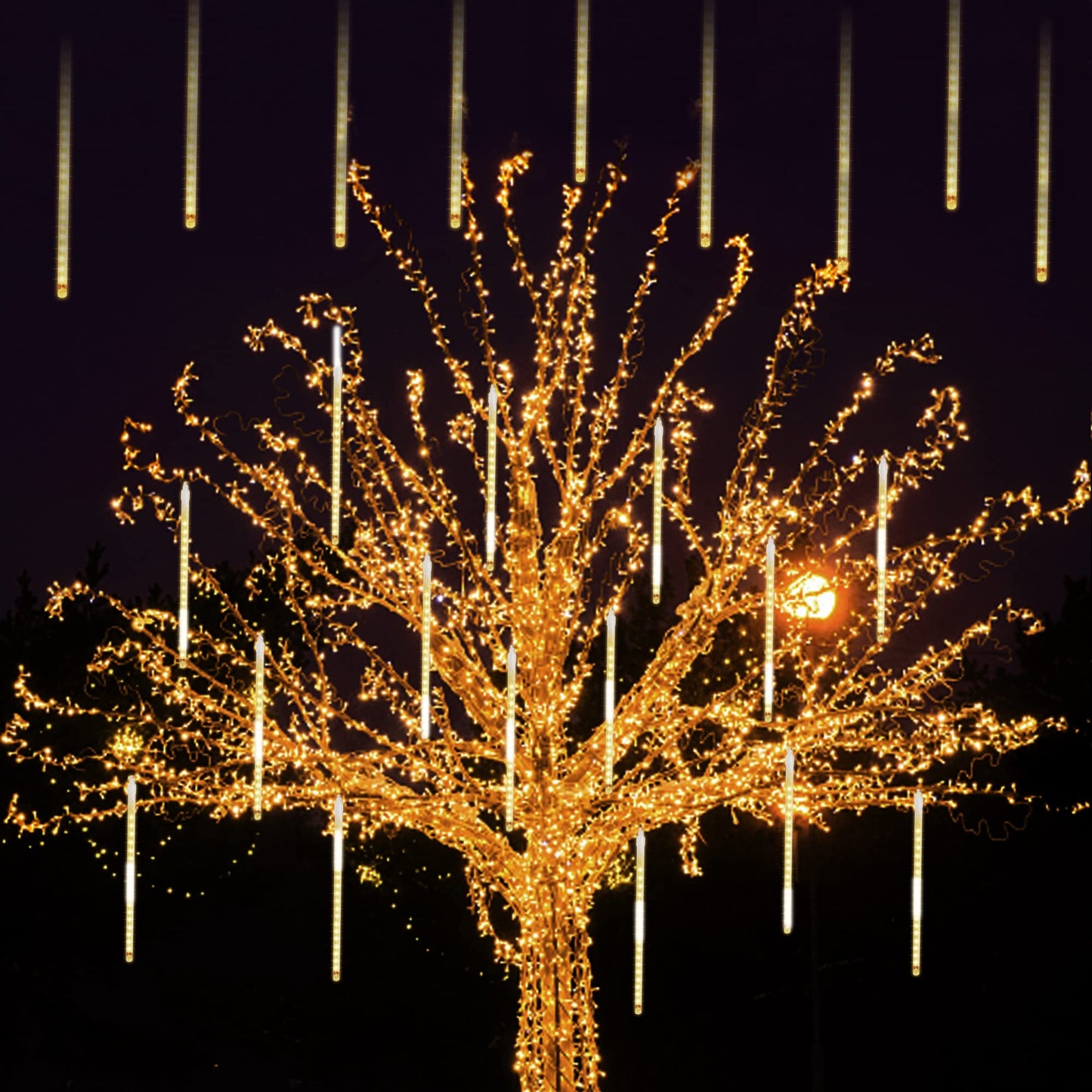 24 Tubes Meteor Shower Lights, Outdoor Icicles Christmas Decor, 12 Inch 864 LED Snow Falling Connectable Raindrop Lights, Xmas Wedding Party Tree Holiday Decoration, Warm White