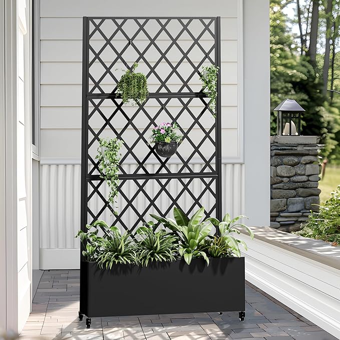 Casaphoria Metal Raised Garden Bed with Trellis and Wheels, 72"x35"x16" Planter Box for Climbing Plants, Vegetables & Vines, Features Drainage Holes and Privacy Screen (Black-Rhombus)