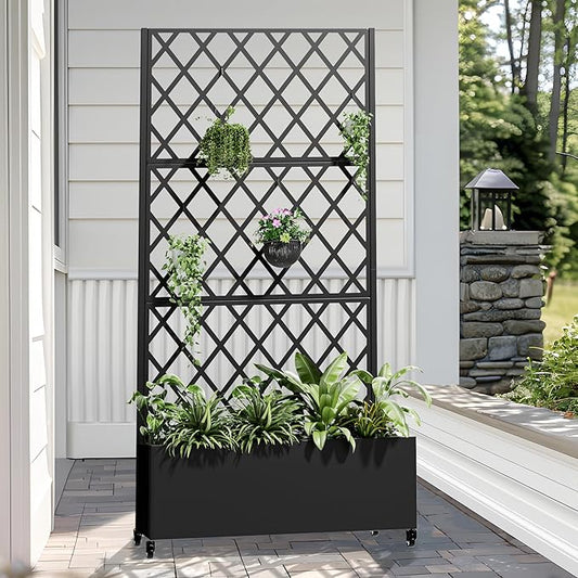 Casaphoria Metal Raised Garden Bed with Trellis and Wheels, 72"x35"x16" Planter Box for Climbing Plants, Vegetables & Vines, Features Drainage Holes and Privacy Screen (Black-Rhombus)