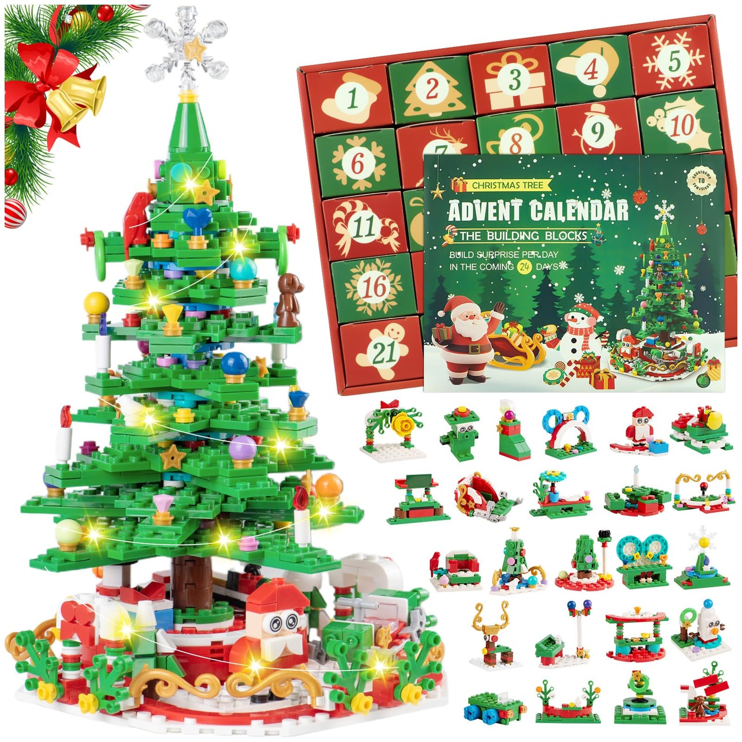 WizardsArcanum Advent Calendar 2025 Christmas Tree Building Set with LED light, 24 Days Christmas Countdown Calendar, Christmas Building Blocks with 2 Play Ways, Creative Xmas Gifts