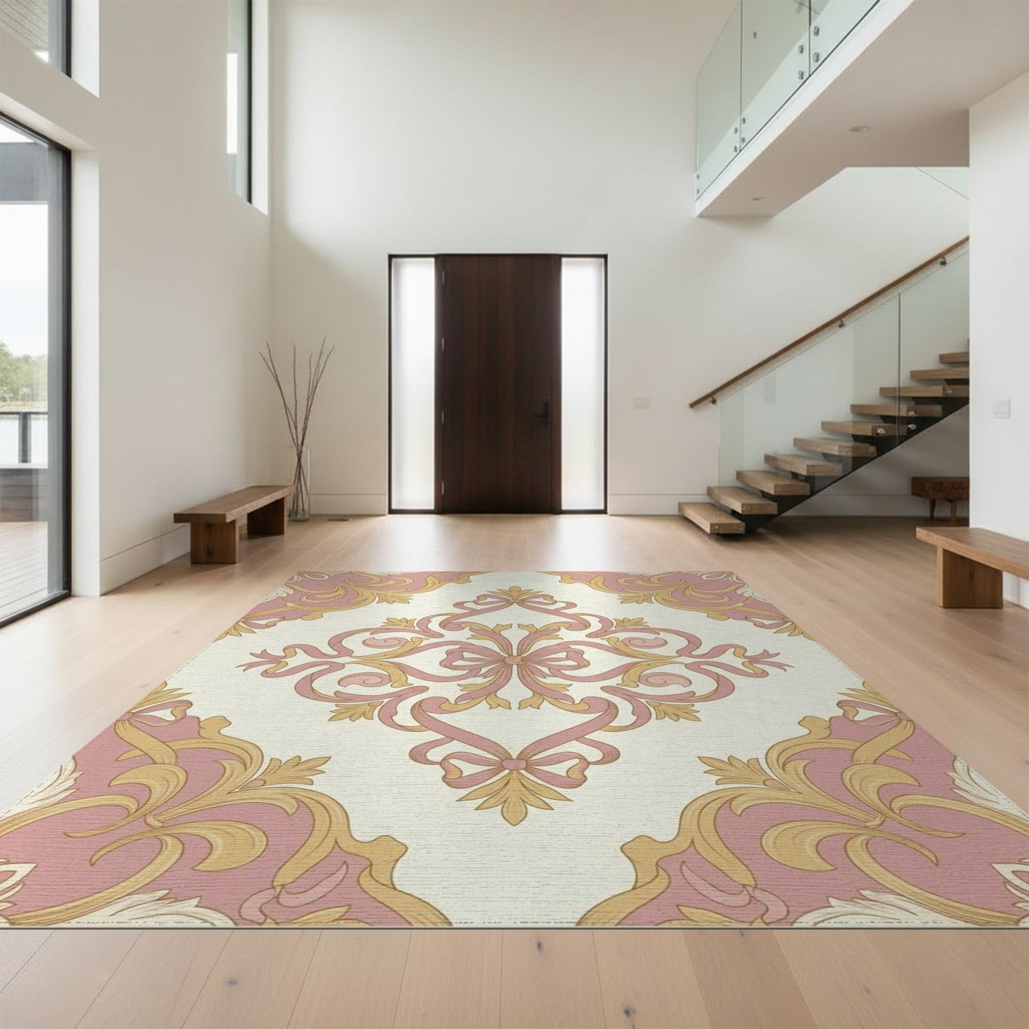 Design&I 6'x9' Washable Area Rug Circle Seats Showcasing Refined Centerpiece Pink Shaped Oversized Skid-Resistant Low Profile for Living Room, Family Room, Indoor