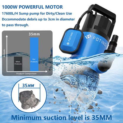 FOTING 1000W Submersible Water Pump to Empty Pool, Dirty/Clean Water, 17600 L/H Electric Sump Pump with Float Switch, Portable Water Pump for Garden Pond, Hot Tub, Pool Draining, Ditches