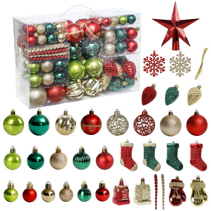 ROSELEAF 132pcs Christmas Tree Decoration Set - Red, Green & Gold Shatterproof Hanging Ornaments - Folk Art Style - Christmas, Wedding, Anniversary
