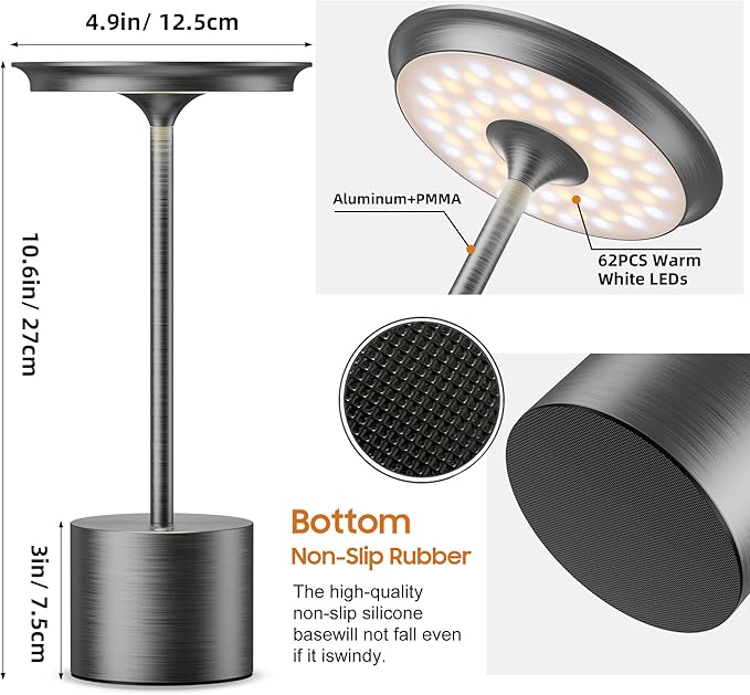 Cordless Table Lamp, Portable Rechargeable 6000mAh Outdoor Table Lamp, 3 Color Stepless Dimming Battery Powered Lamp, LED Table Light for Dinner/Restaurant/Outdoor (Gray)