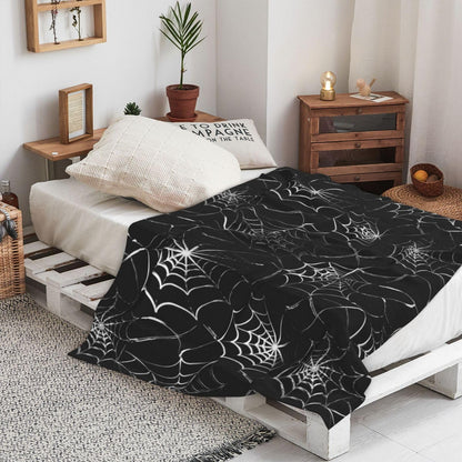Gothic Spider Web Blanket - Halloween Themed Throw for Goth Room Decor, Black Horror Blanket, Soft Flannel for Couch, Bed, and Haunted Mansion Use (50" x 60")