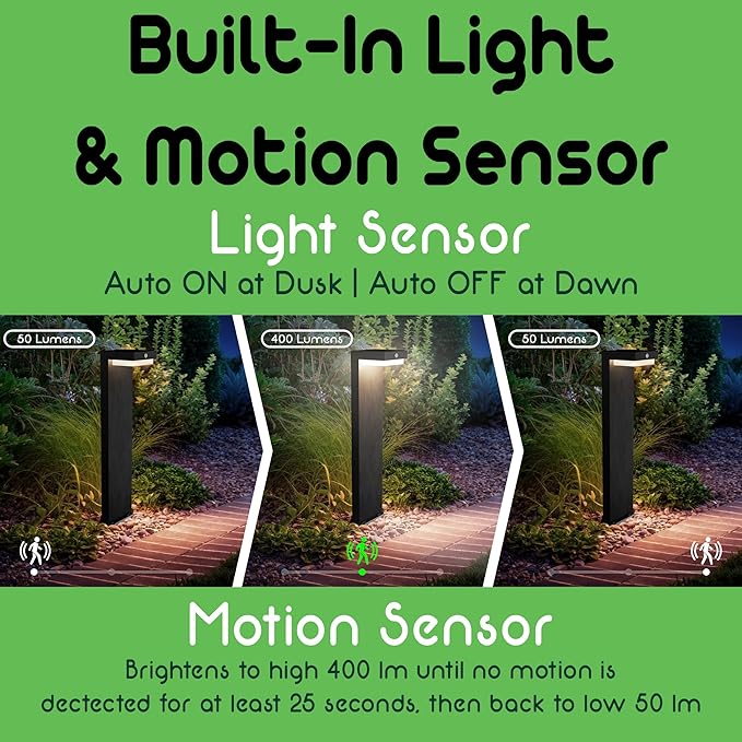 Solar Pathway Lights - Walkway Solar Lights for Outside - PIR Sensor & Two Lighting Modes - Rechargeable Battery Lasts Up To 55 Hours - 3000K - IP44 Weather Resistant - 4 Pack - 20.5" Height