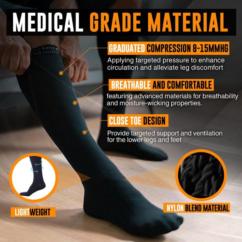 Doc Miller - Compression Socks for Women & Men - 8-15 mmHg Knee High, Medical Grade Support - Best for Sport, Travel, Nurse, Pregnancy, Circulation & Varicose Veins - 2X-Large Size, Black, 1 Pair