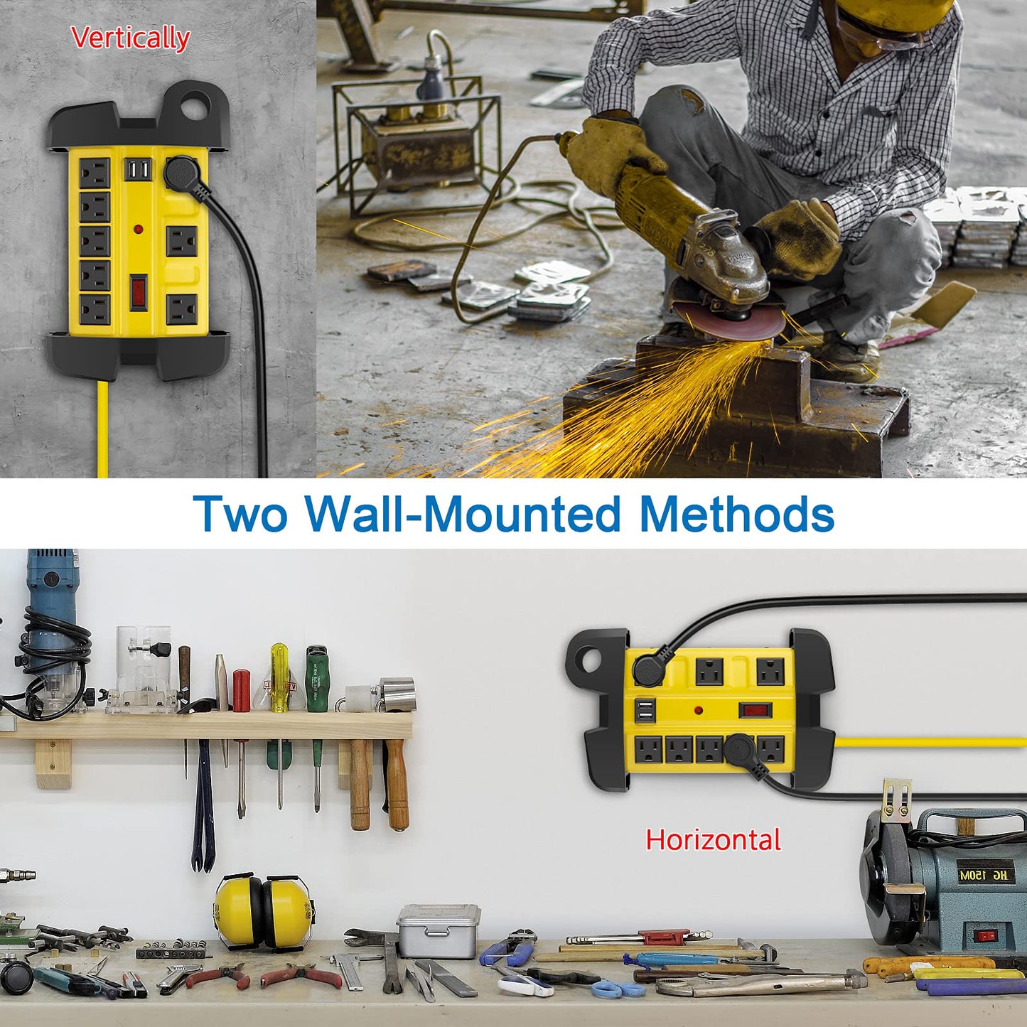 Heavy Duty Power Strip with USB, Workshop 8 Outlet Surge Protector 2700 Joules, Industrial Metal 15Amp Power Strip, 6FT Extension Cord and Wide Spaced. Yellow
