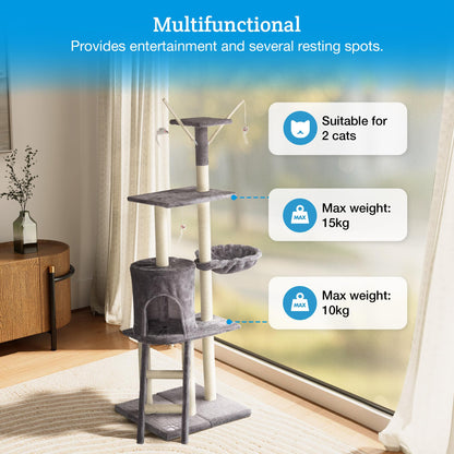 Milo & Misty Cat Tree – 146cm Play Cat Tower with Sisal Scratching Posts for Indoor Kittens, Multi Level House, Large Climbing Frame with House, Ladder and Hammock – Grey
