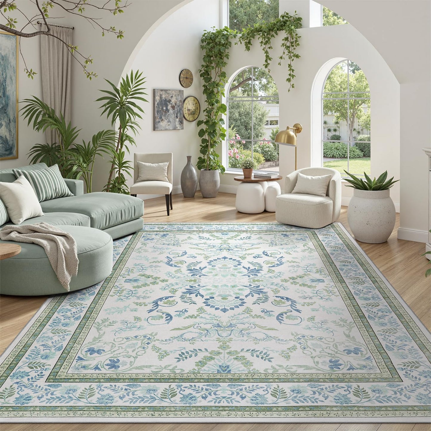 DCX Green 9x12 Rug, Kid & Pet Friendly with Rubber Back Non Slip, Machine Washable Stain Resistant Botanical Floral Rug for Living Room, Bedroom, Soft Low Pile Large Nursery Carpet