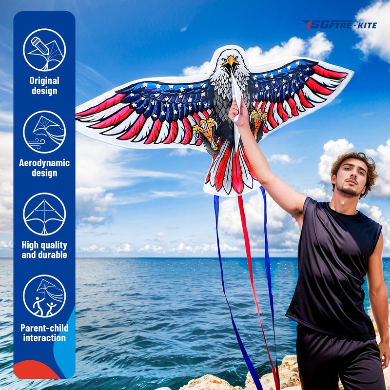 SGftre Complete Kite with Handle, Line & Accessories,Easy to Fly for Kids & Adults, Perfect for Beach, Park, Family Outdoor Activities (Eagle Flag, 1)