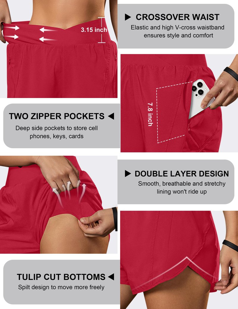 Blooming Jelly Women's Workout Shorts Athletic Running Elastic High Waisted Black Gym Yoga Shorts with Zipper Pockets (Red,Medium)