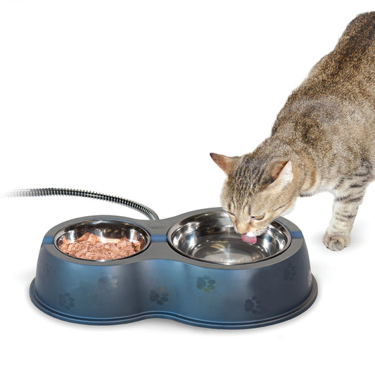 K&H Pet Products Outdoor Heated Cat Food & Water Bowls for Outside Pets, Thermo-Kitty Café Feral Cat Feeding Station, No Frozen Water or Food, Washable Bowls, Safety Listed - 12oz/24oz Stainless