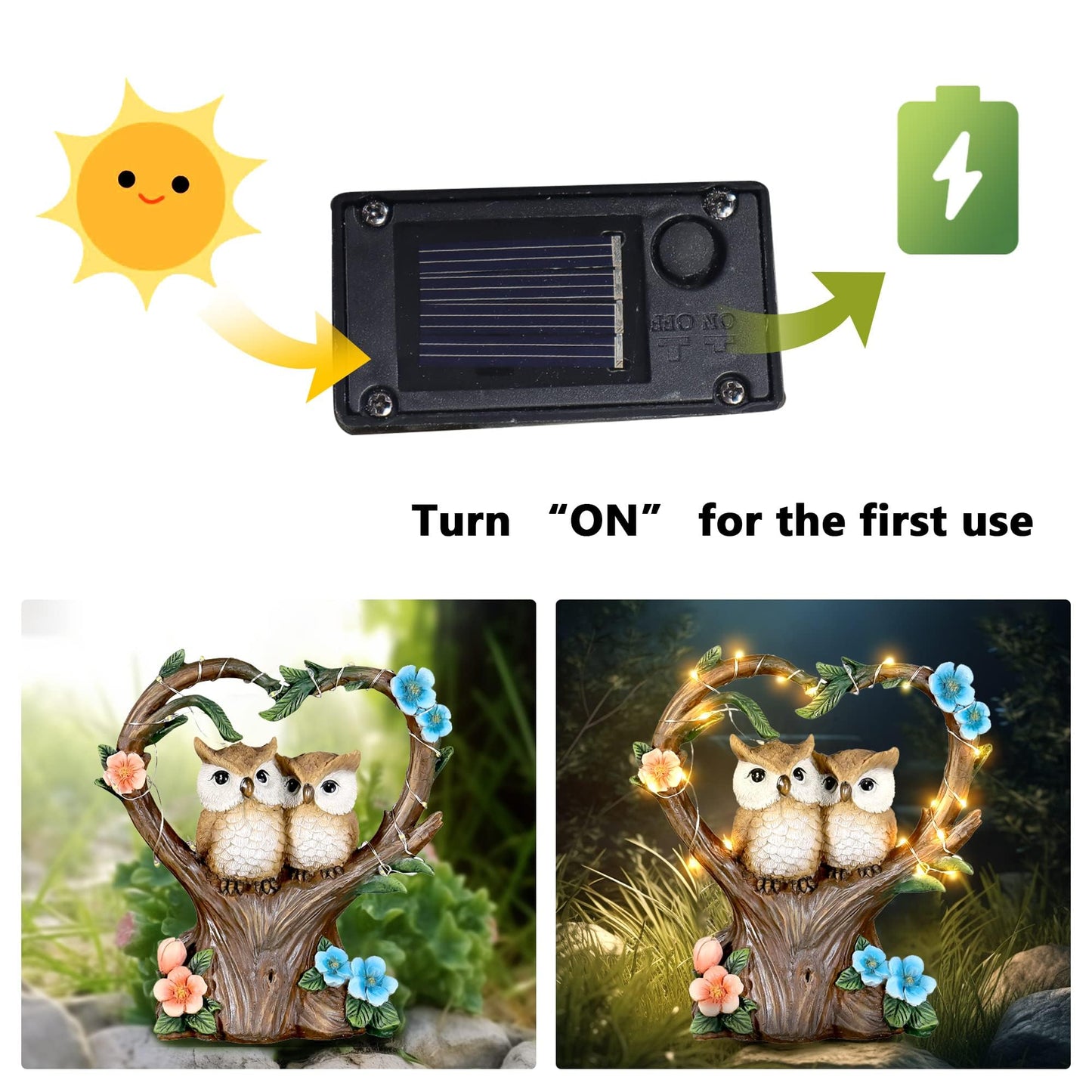 FLJZCZM Owl Statue with Solar Lights Outdoor Decor, Resin Owls Figurines for Garden Patio Lawn Decorations, Christmas Birthday Gifts for Women Friends (7.6Inches)