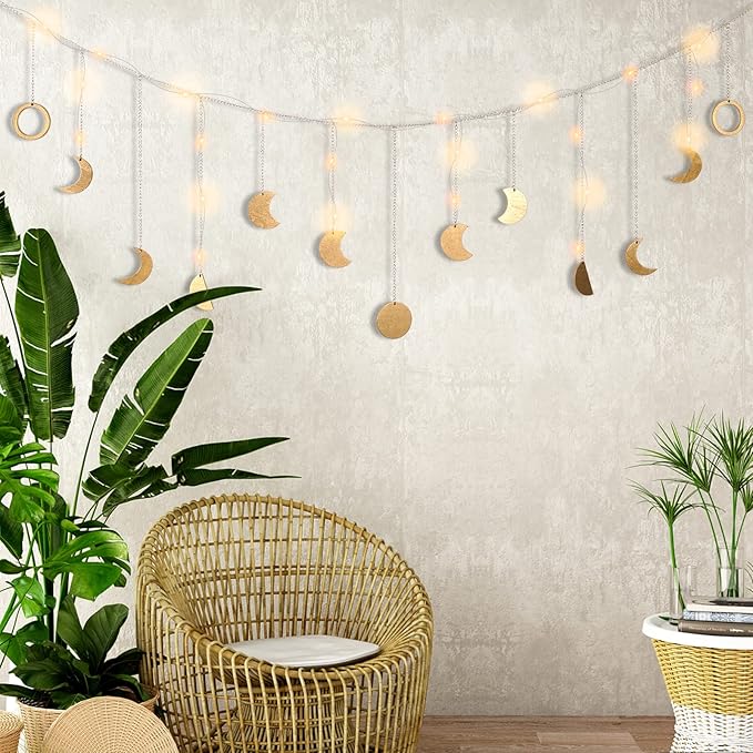 Moon Phase Wall Decor with LED String Light, 13 Gold Wood Boho Wall Hanging Decor Mood Garland 56'' - Celestial Phases Moon Decoration in Bohemian Style for Bedroom Home Living Room Fall Art Gifts
