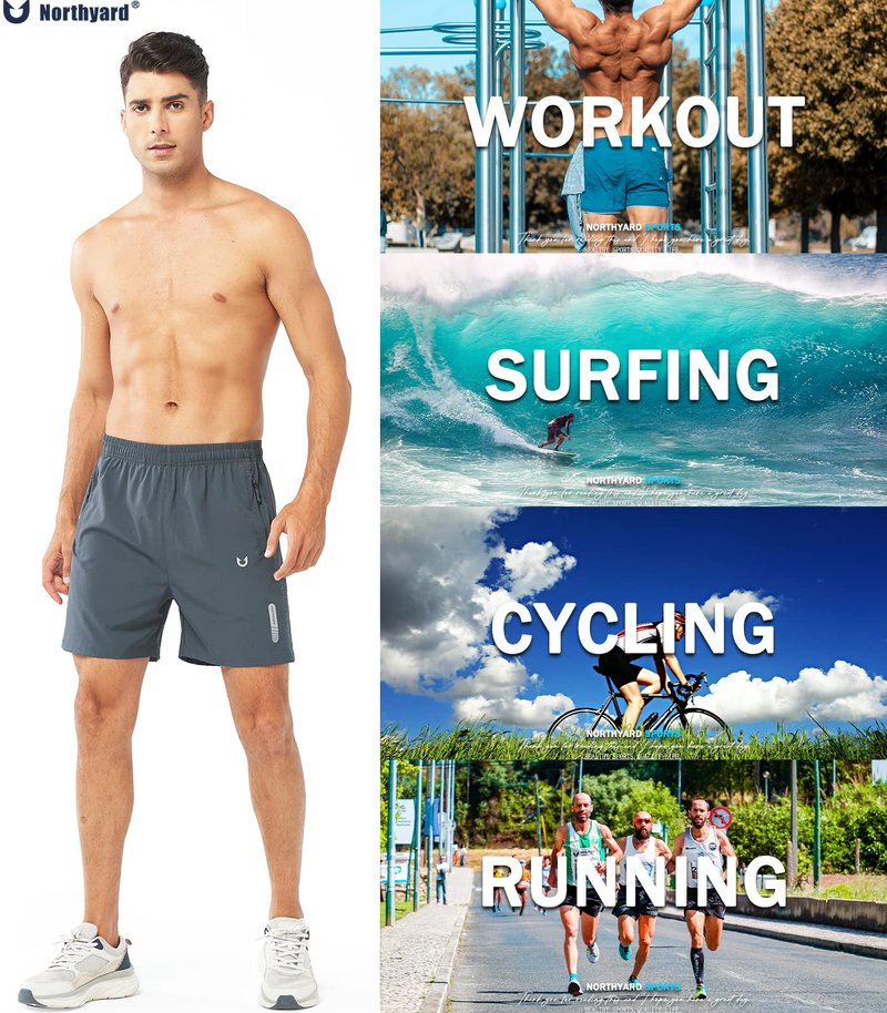 NORTHYARD Men's Athletic Running Shorts Gym Workout 7"/9"/5" Quick Dry Lightweight Sports Basketball Tennis 3 Zipper Pockets COOLGREY-5inch 4XL